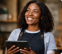 Business owner smiling while using a tablet